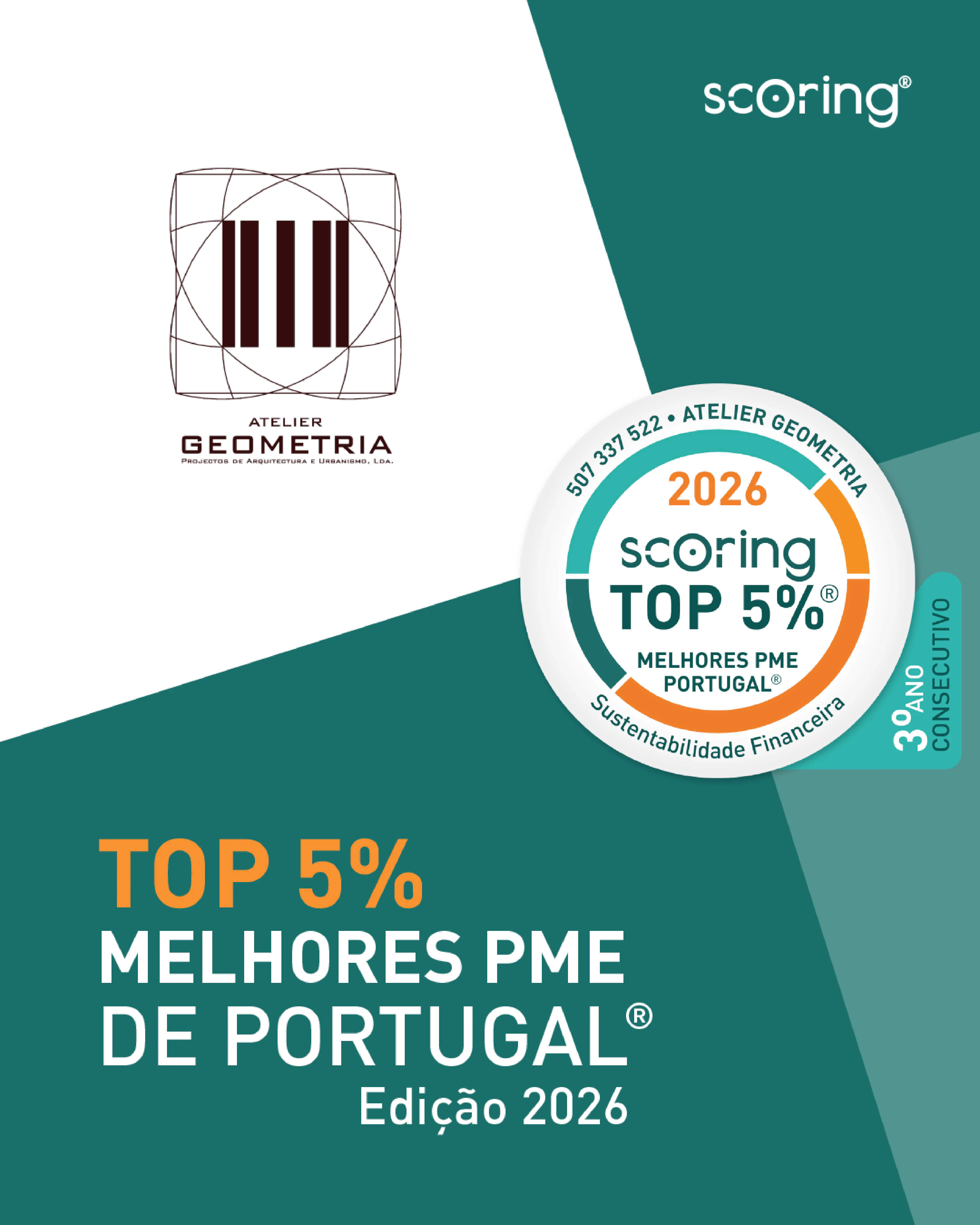 Cartão SCORING TOP 5% Melhores PME de Portugal, edição 2026, com o logótipo do Atelier Geometria e o selo do terceiro ano consecutivo